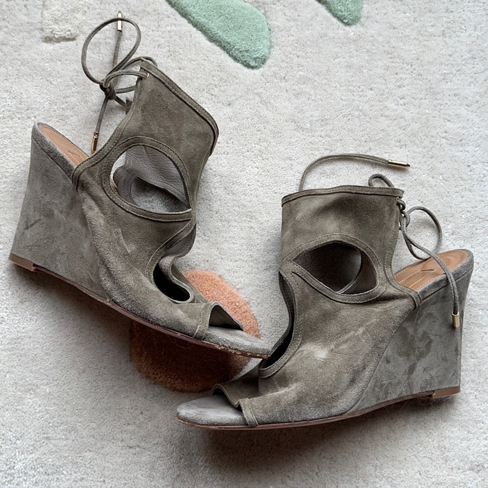Aquazzura 85mm Sexy Thing Suede Wedge Sandals in truffle brown/green - EU 36.5